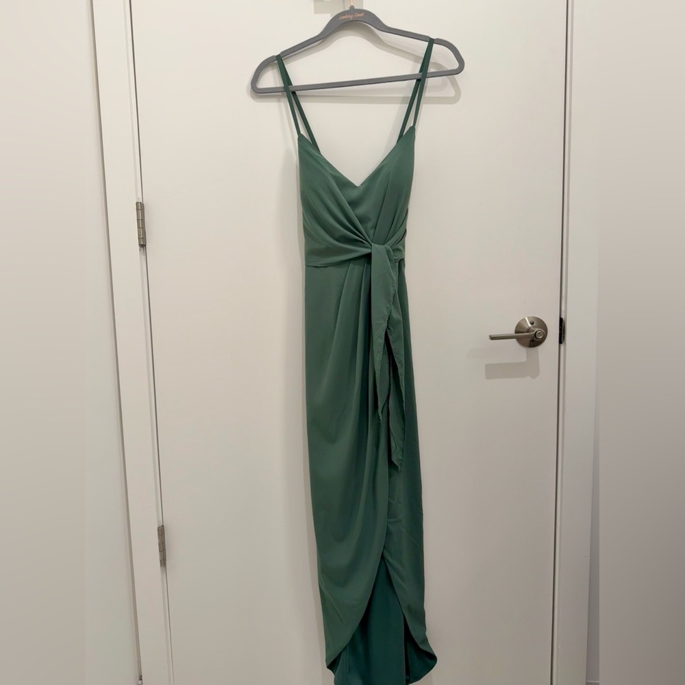 Azazie Midi Wrap Dress in Eucalyptus Green